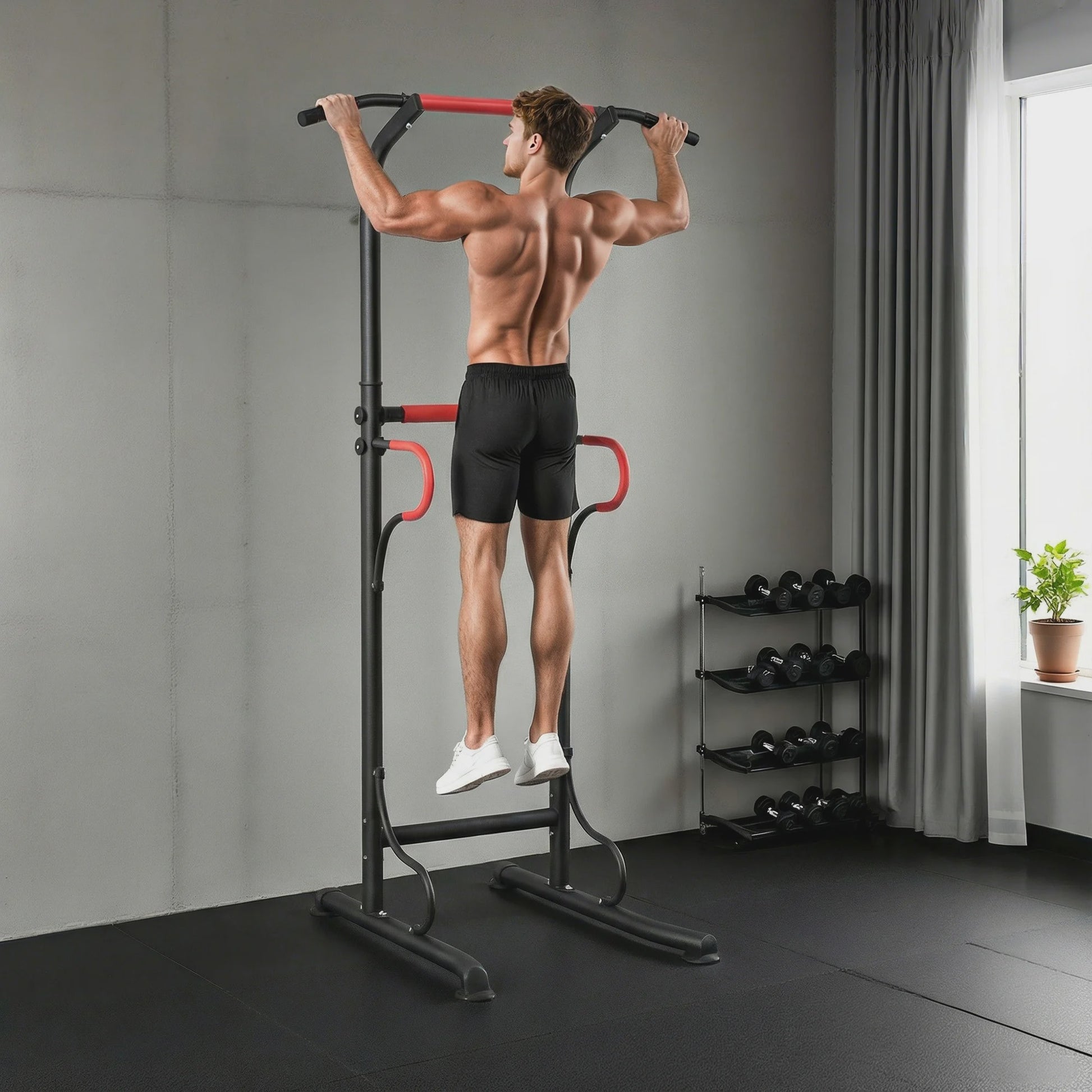 HOMCOM Multifunctioneel Bodybuilding Station - Optrekstang, Dip Station & Meer - In Hoogte Verstelbaar - Zwart/Rood