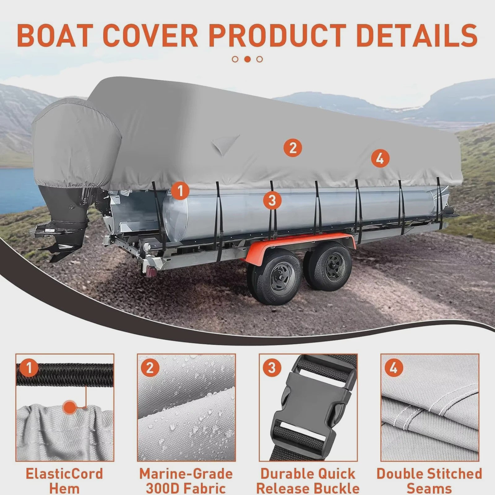Waterdichte Pontoon Boot Trailerhoes - UV-bestendig, 300D Heavy Duty, met Motorhoes & Spanband