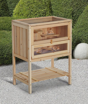 Pawhut Wooden Hamster Cage with Ramp, Folding Roof, Plexiglass Window and Lower Shelf 60X40X80 cm Natural
