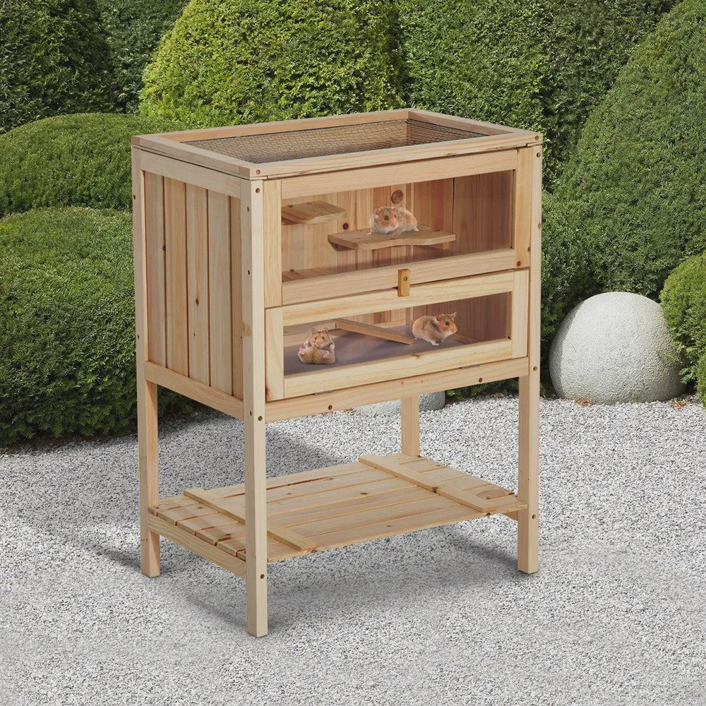 Pawhut Wooden Hamster Cage with Ramp, Folding Roof, Plexiglass Window and Lower Shelf 60X40X80 cm Natural