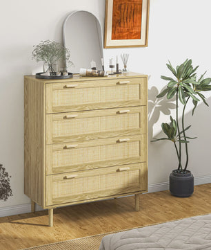 Bohemien Ladekast met 4 Lades en Gevlochten Hars Front - 90x45x108.5 cm