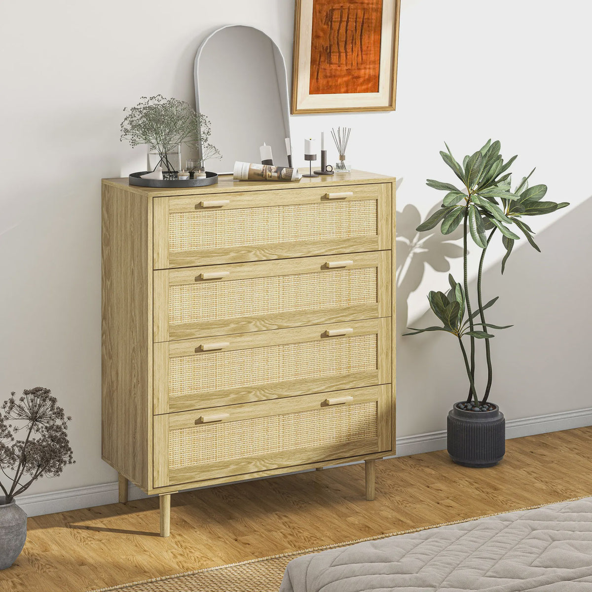 Bohemien Ladekast met 4 Lades en Gevlochten Hars Front - 90x45x108.5 cm