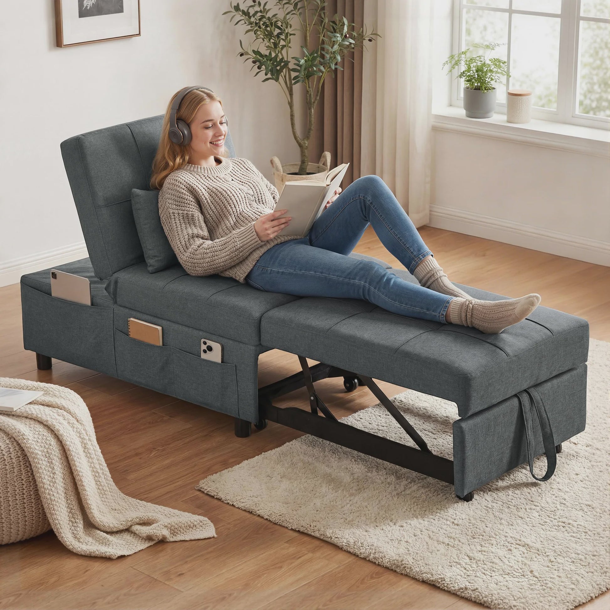 HOMCOM Fauteuil Bed 1-Persoons - Verstelbaar, Grijze Bekleding met Kussen