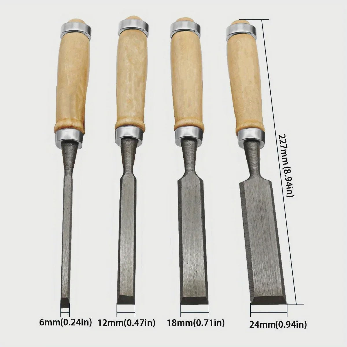 Set van 4 Beitelhoutbeitels met Beukenhouten Handvat - 8/12/16/20mm