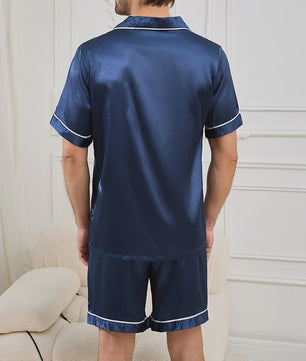 Heren Satin Pyjama Set Korte Mouw - Zomer Nachtkleding met Knopen Shirt & Elastische Short