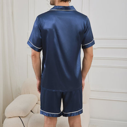 Heren Satin Pyjama Set Korte Mouw - Zomer Nachtkleding met Knopen Shirt & Elastische Short