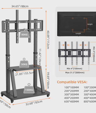 Robuuste Mobiele TV Trolley met Verstelbare Hoogte en 2 Opbergplanken