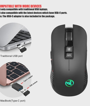 Draadloze Oplaadbare Muis 2.4G USB-C, 3600DPI, 7 Knoppen, Mute, voor PC & Macbook