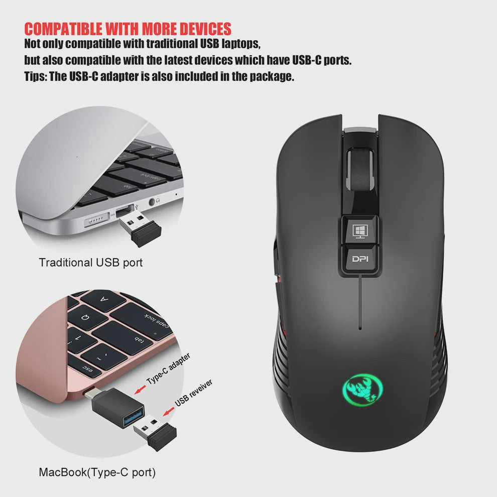 Draadloze Oplaadbare Muis 2.4G USB-C, 3600DPI, 7 Knoppen, Mute, voor PC & Macbook
