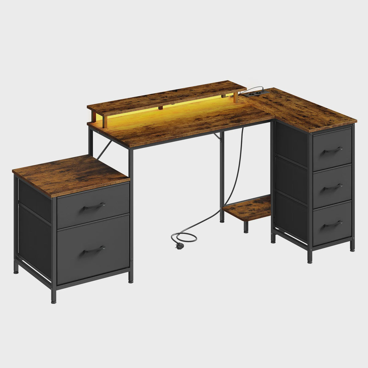 L-vormig Gaming Bureau met 5 Lades, USB Opladen & LED Verlichting - Hoekbureau voor Thuiswerkplek