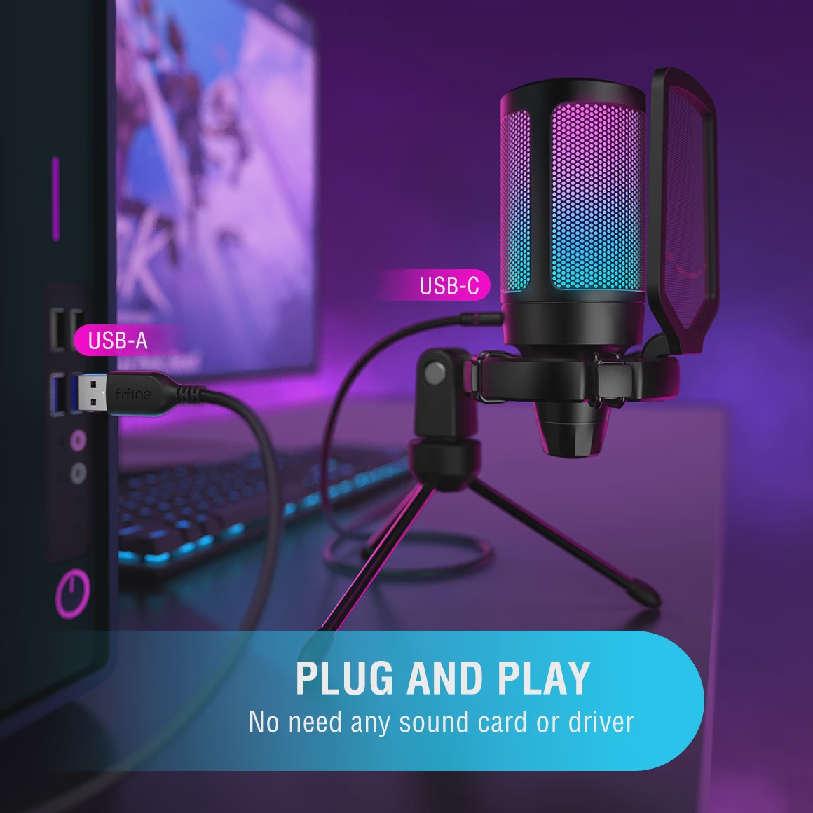 FIFINE A6V USB Microfoon voor Gaming & Streaming met RGB, Popfilter en Shock Mount