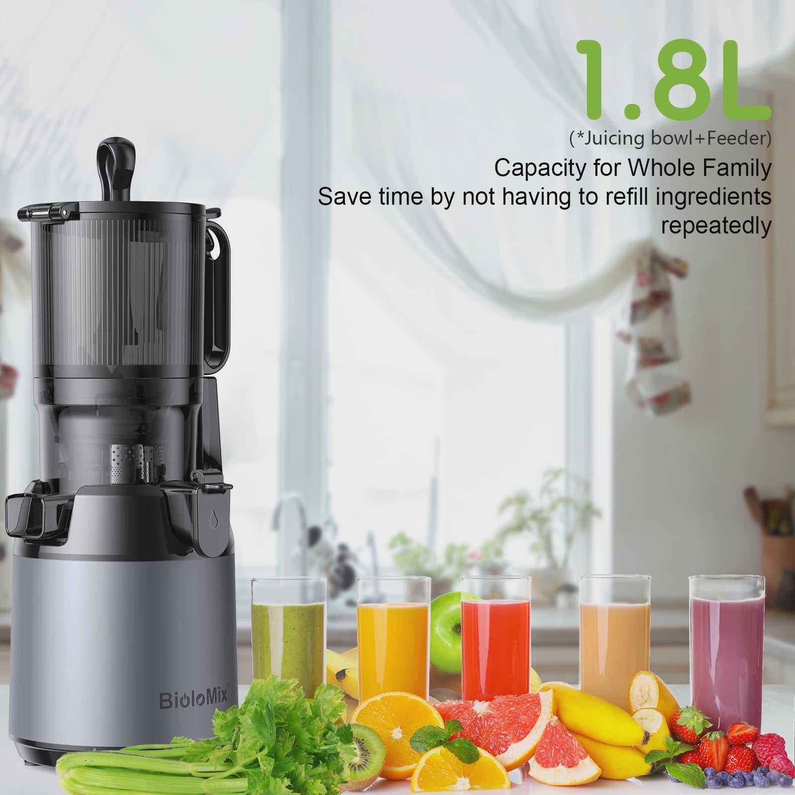 BioloMix Slow Juicer Cold Press met 130mm invoertrechter - Hoge sapopbrengst, BPA-vrij
