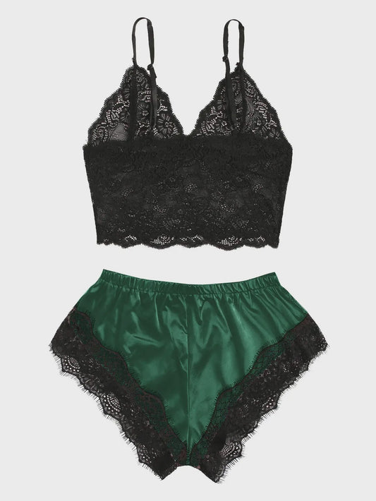 Dames Pyjamaset Satijn met Kant - Sexy Cami Top en Shorts Nachtkleding Zomer