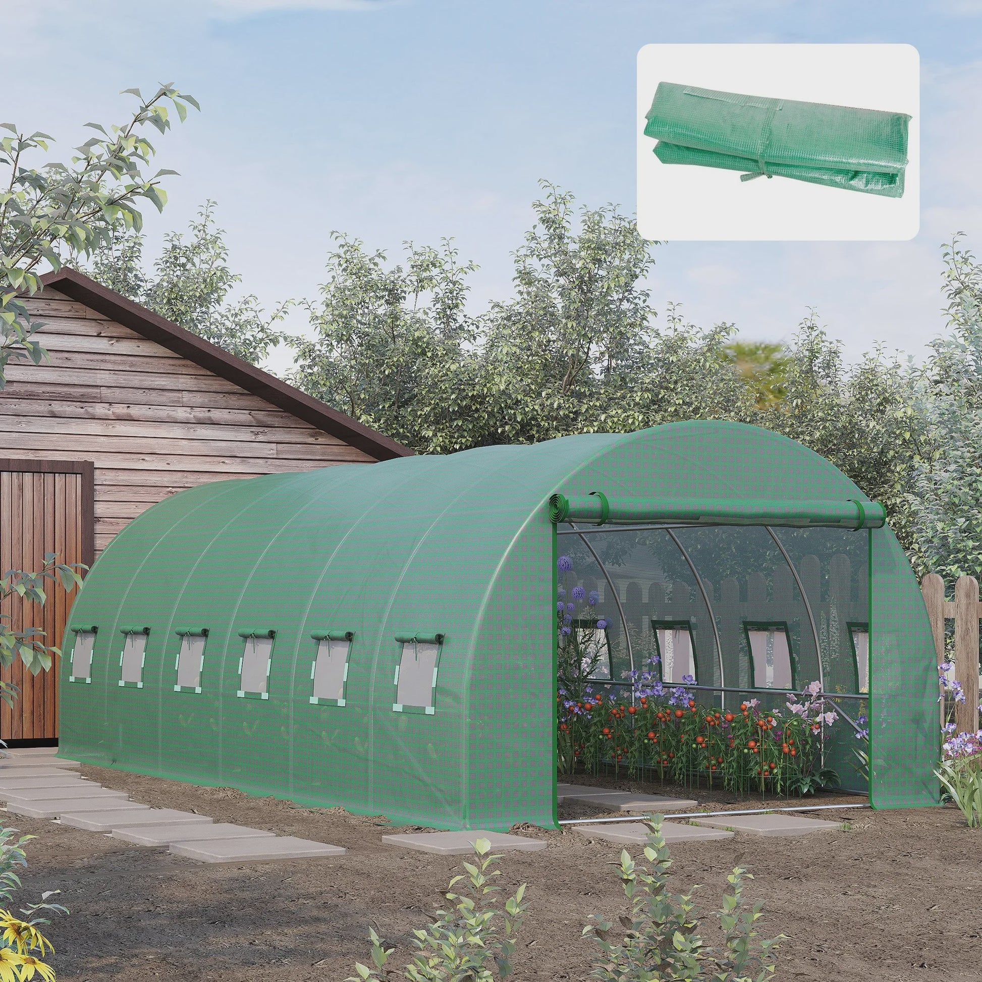 Outsunny Tunnel Kas Cover 6x3x2m met 12 Ramen en Roldeur - Bescherm uw Tuin