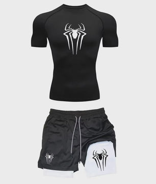 Heren Sport Set: Compressie T-shirt & Short met Spider Print
