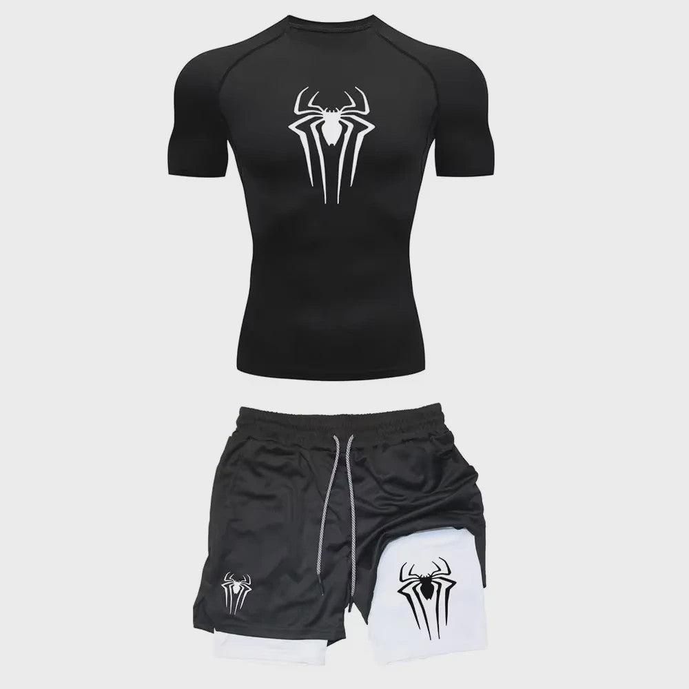 Heren Sport Set: Compressie T-shirt & Short met Spider Print