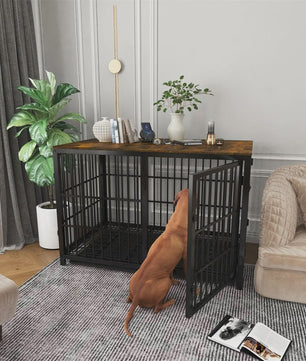 Stijlvolle Houten Hondenkennel - Meubelstijl Bench met 3 Deuren en Uitneembare Lade