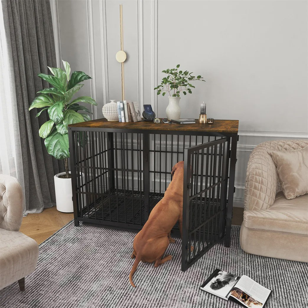 Stijlvolle Houten Hondenkennel - Meubelstijl Bench met 3 Deuren en Uitneembare Lade