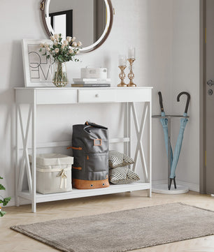 Witte Houten Console Tafel met Lade en Opbergplank - 100x30x81 cm