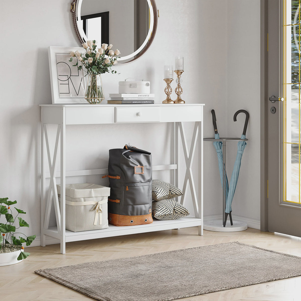 Witte Houten Console Tafel met Lade en Opbergplank - 100x30x81 cm