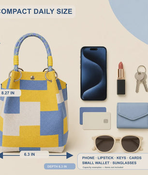 Mini Gebreide Bucket Bag Dames - Kleurrijk Colorblock Polstasje met Afneembare Handgreep