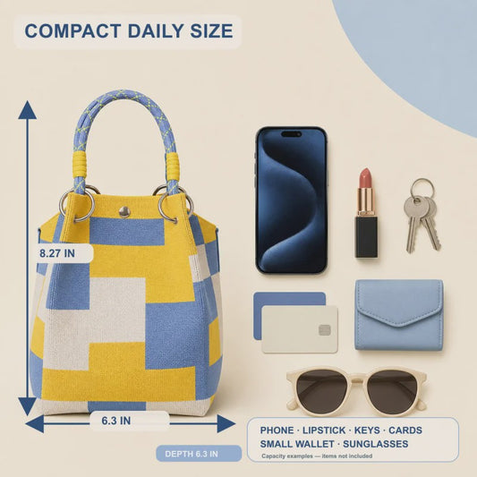 Mini Gebreide Bucket Bag Dames - Kleurrijk Colorblock Polstasje met Afneembare Handgreep