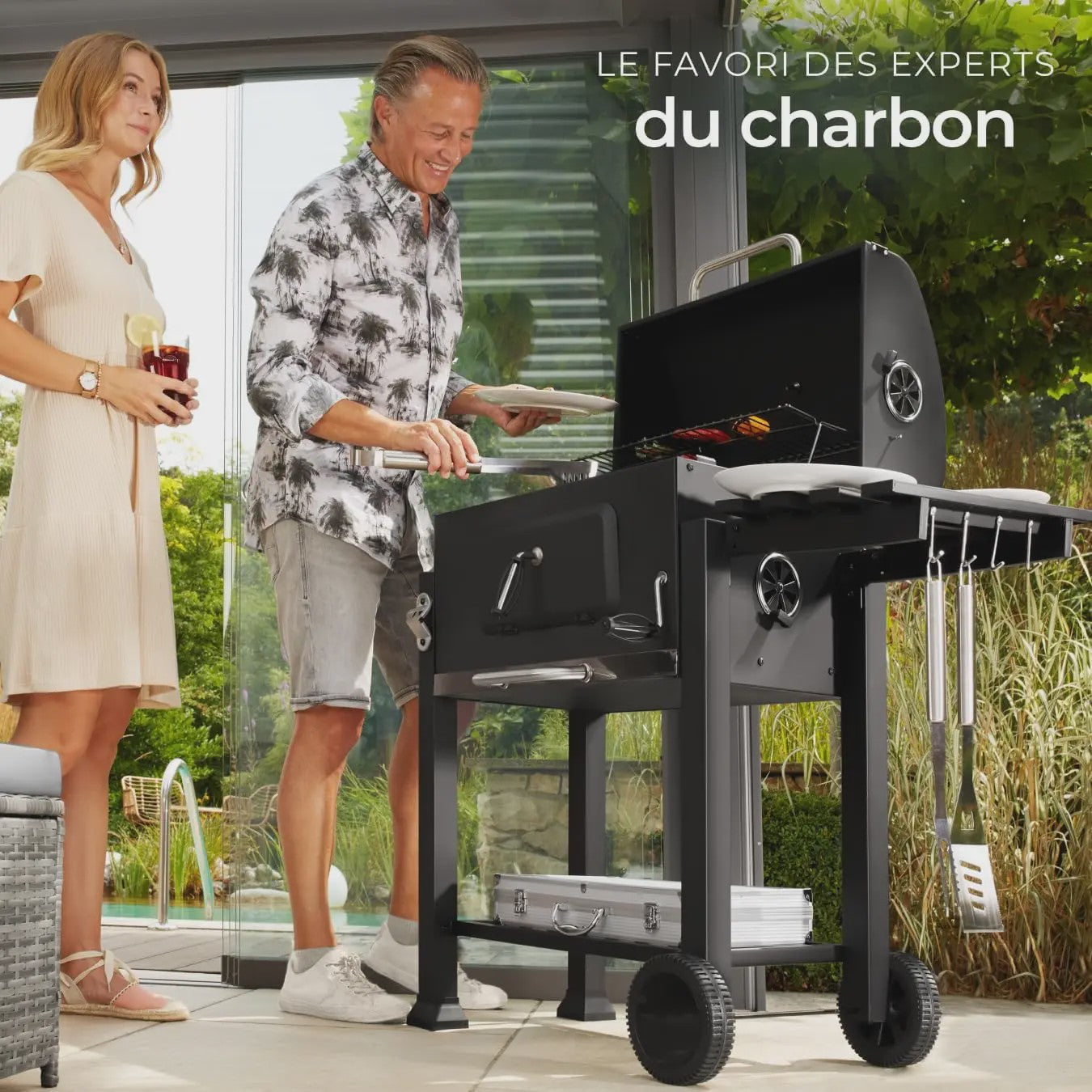 Zwarte Trolley Barbecue met Wielen, Deksel en Thermometer - 115x68x107 cm