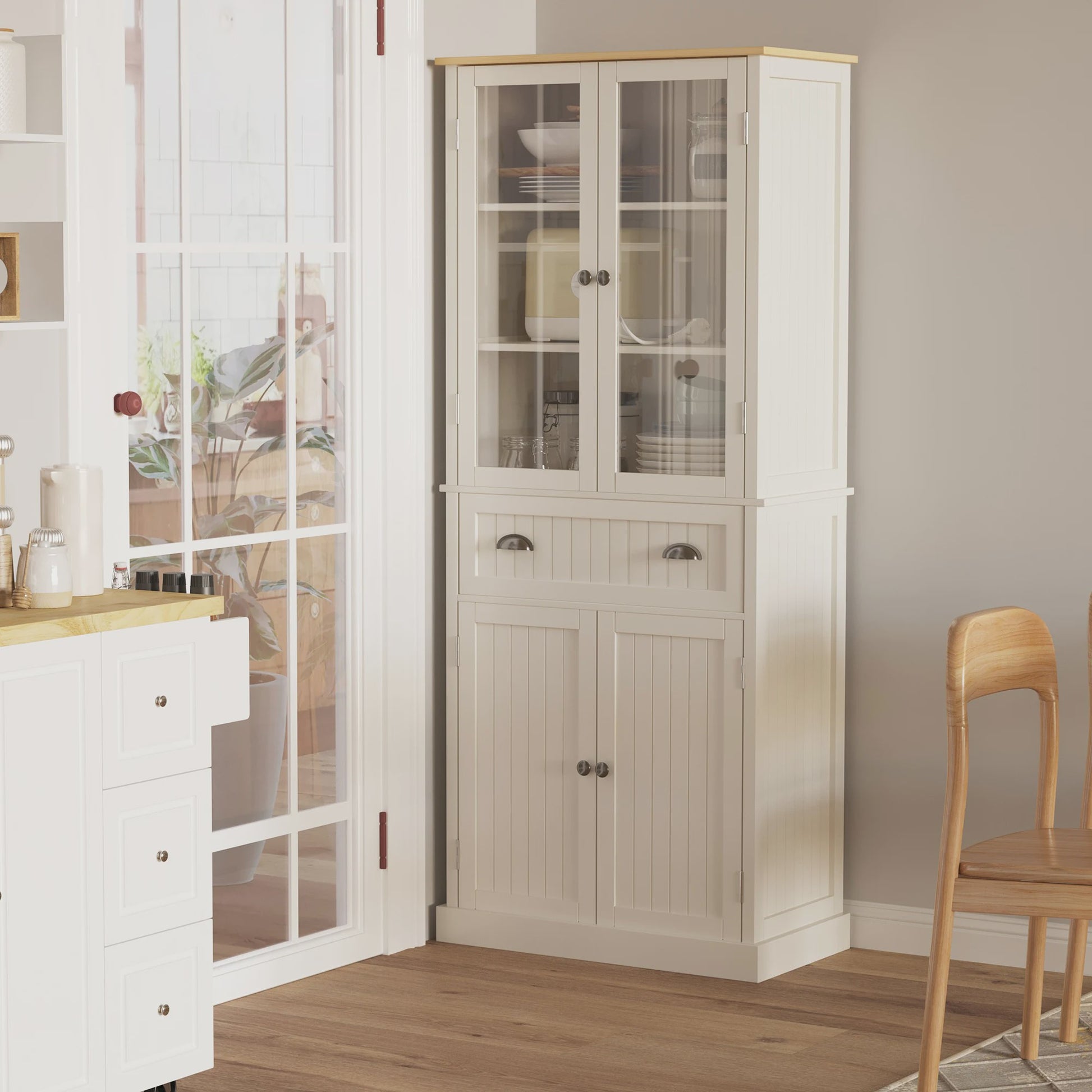 HOMCOM Keuken Buffetkast met Glazen Deuren, Lade en Opbergruimte - Wit