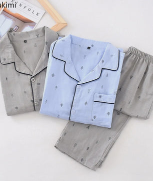 Heren Pyjama Set van 100% Katoen Gauze - Korte Mouw & Print - Comfortabele Homewear voor Zomer