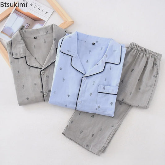 Heren Pyjama Set van 100% Katoen Gauze - Korte Mouw & Print - Comfortabele Homewear voor Zomer