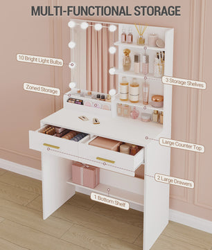 Kaptafel met LED Verlichting, Spiegel en 2 Lades - Ideaal Make-up Station