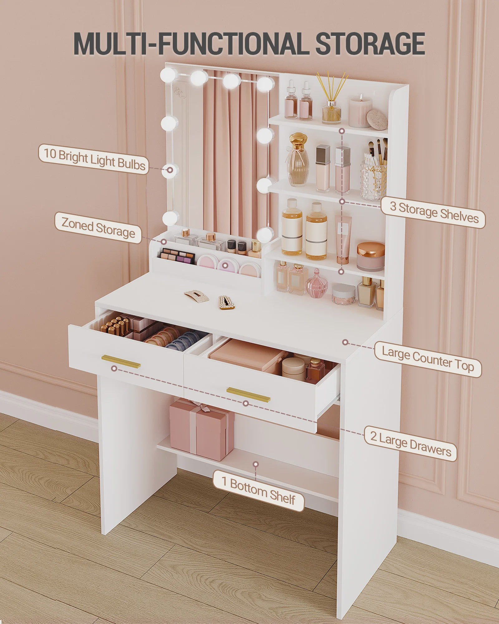 Kaptafel met LED Verlichting, Spiegel en 2 Lades - Ideaal Make-up Station
