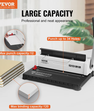 Handmatige Spiraalbindmachine voor Boeken - 34 Gaten, 120 Vel Capaciteit, Verstelbare Marge