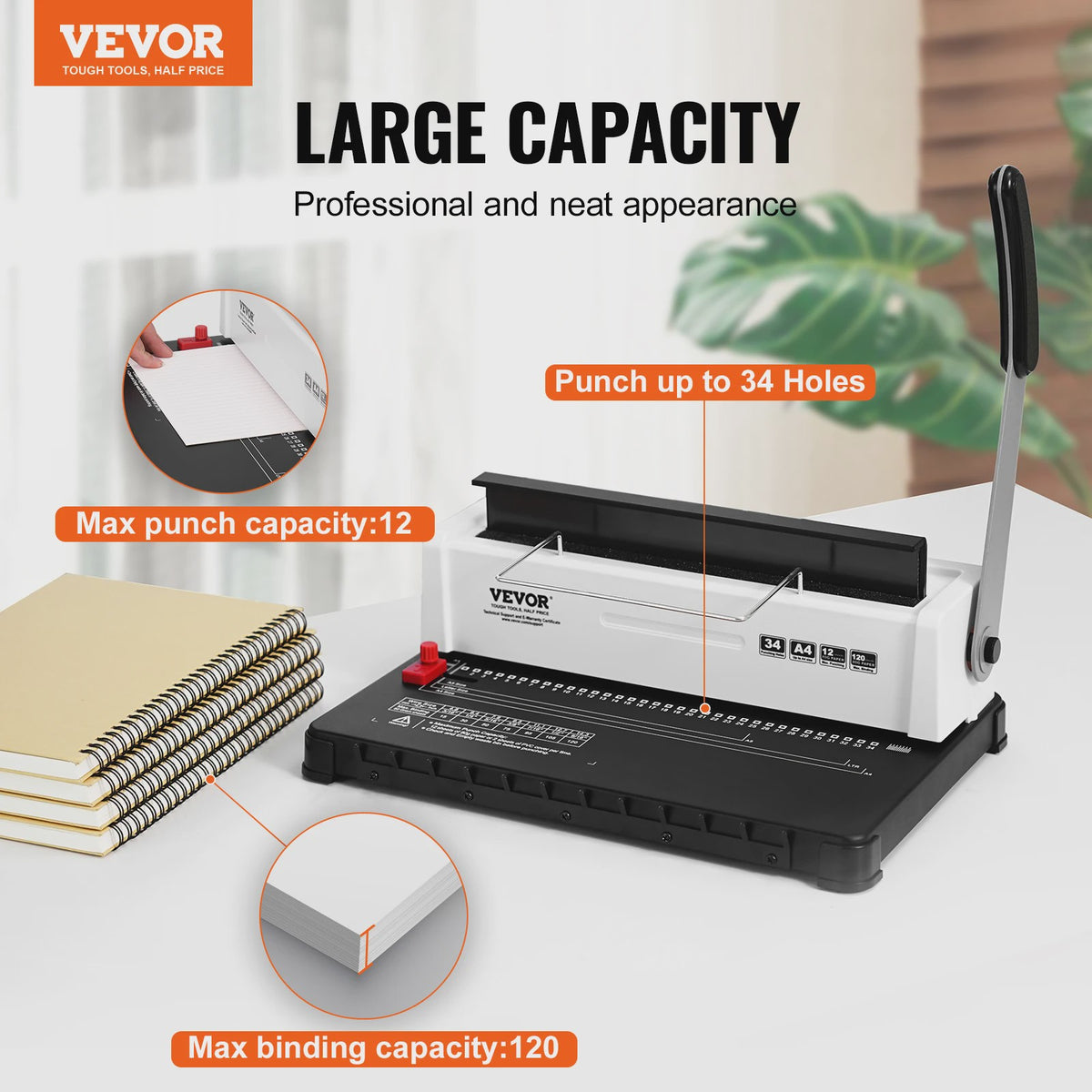 Handmatige Spiraalbindmachine voor Boeken - 34 Gaten, 120 Vel Capaciteit, Verstelbare Marge