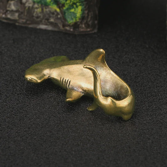 Vintage Messing Hamerhaai Figuur - Decoratief Miniatuur Zeedier