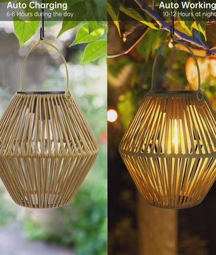 Zonne-energie Lantaarn voor Buiten - Waterdichte Hangende Rotan Decoratie voor Tuin & Terras