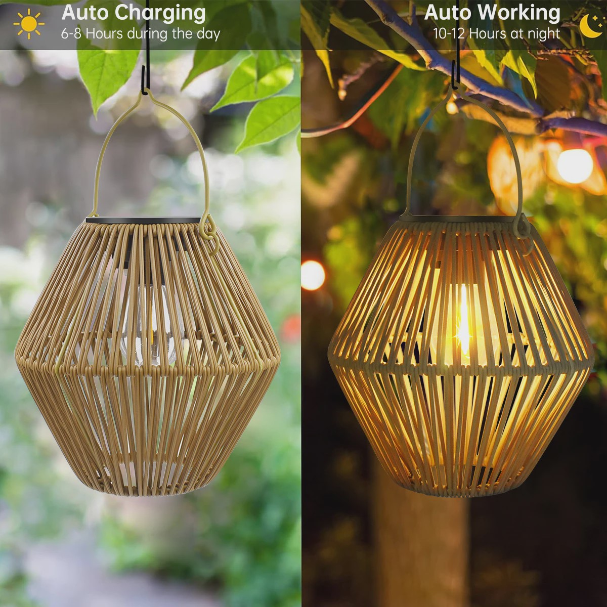 Zonne-energie Lantaarn voor Buiten - Waterdichte Hangende Rotan Decoratie voor Tuin & Terras