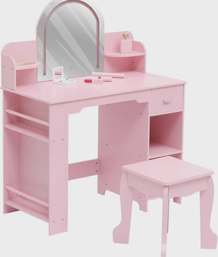 Prinsessenkaptafel met Verlichte Spiegel en Krukje - Kinder Make-up Tafel met Opbergruimte