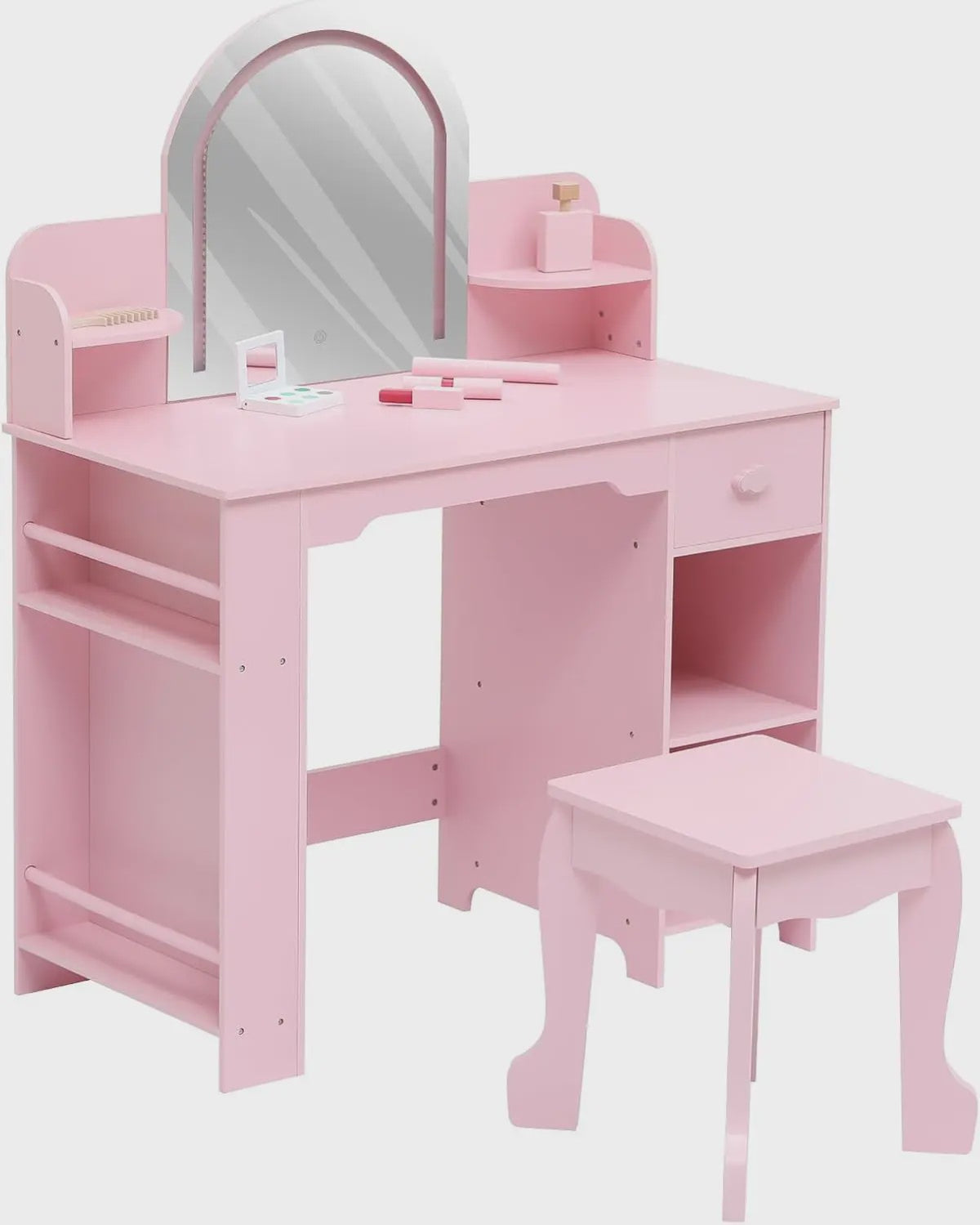 Prinsessenkaptafel met Verlichte Spiegel en Krukje - Kinder Make-up Tafel met Opbergruimte