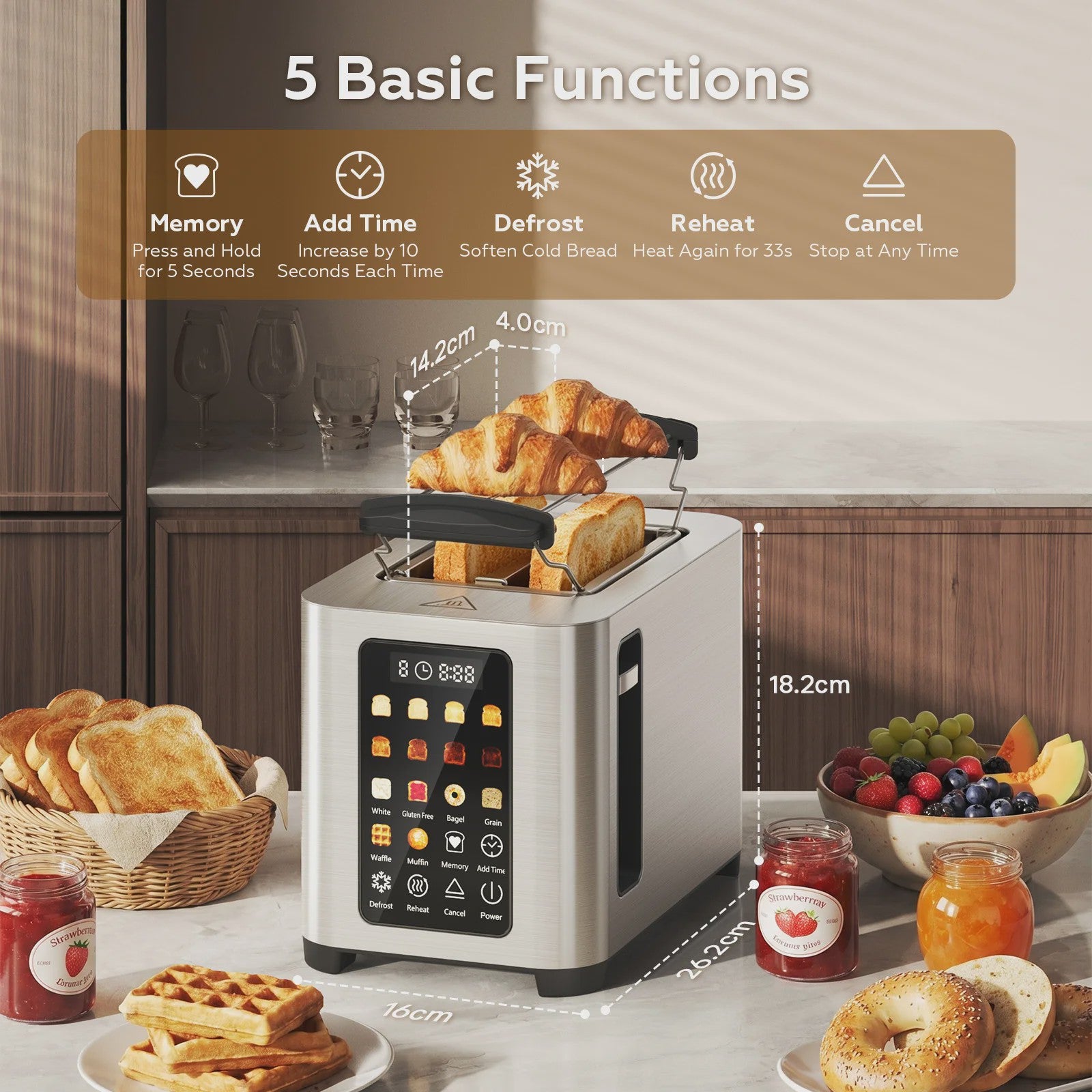 Patbrela Slimme Broodrooster met Broodrek - 2 Slices, Touchscreen & 6 Broodsoorten