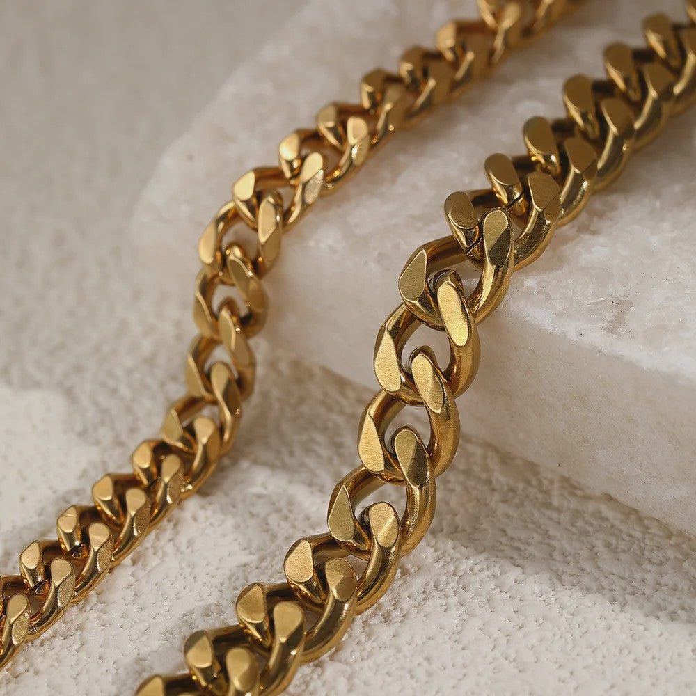 2-delige Gouden Roestvrijstalen Cuban Chain Enkelbandjes Set voor Dames en Heren