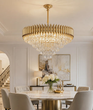 Luxe Gouden Kristallen Kroonluchter met Gelaagd Ringontwerp & Kleurveranderend LED