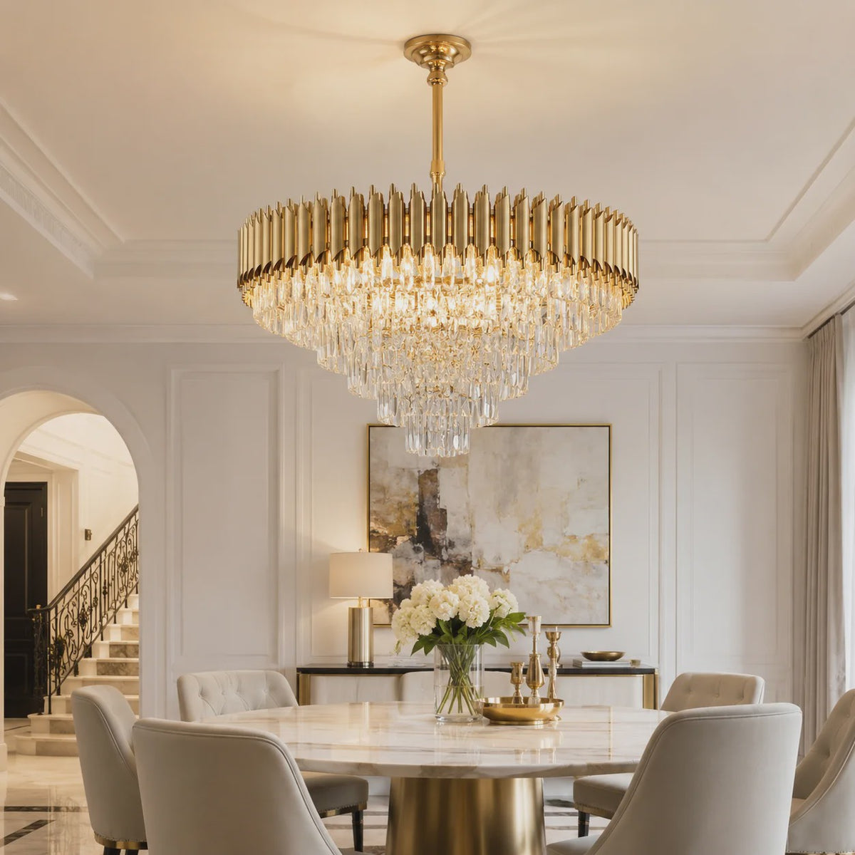 Luxe Gouden Kristallen Kroonluchter met Gelaagd Ringontwerp & Kleurveranderend LED