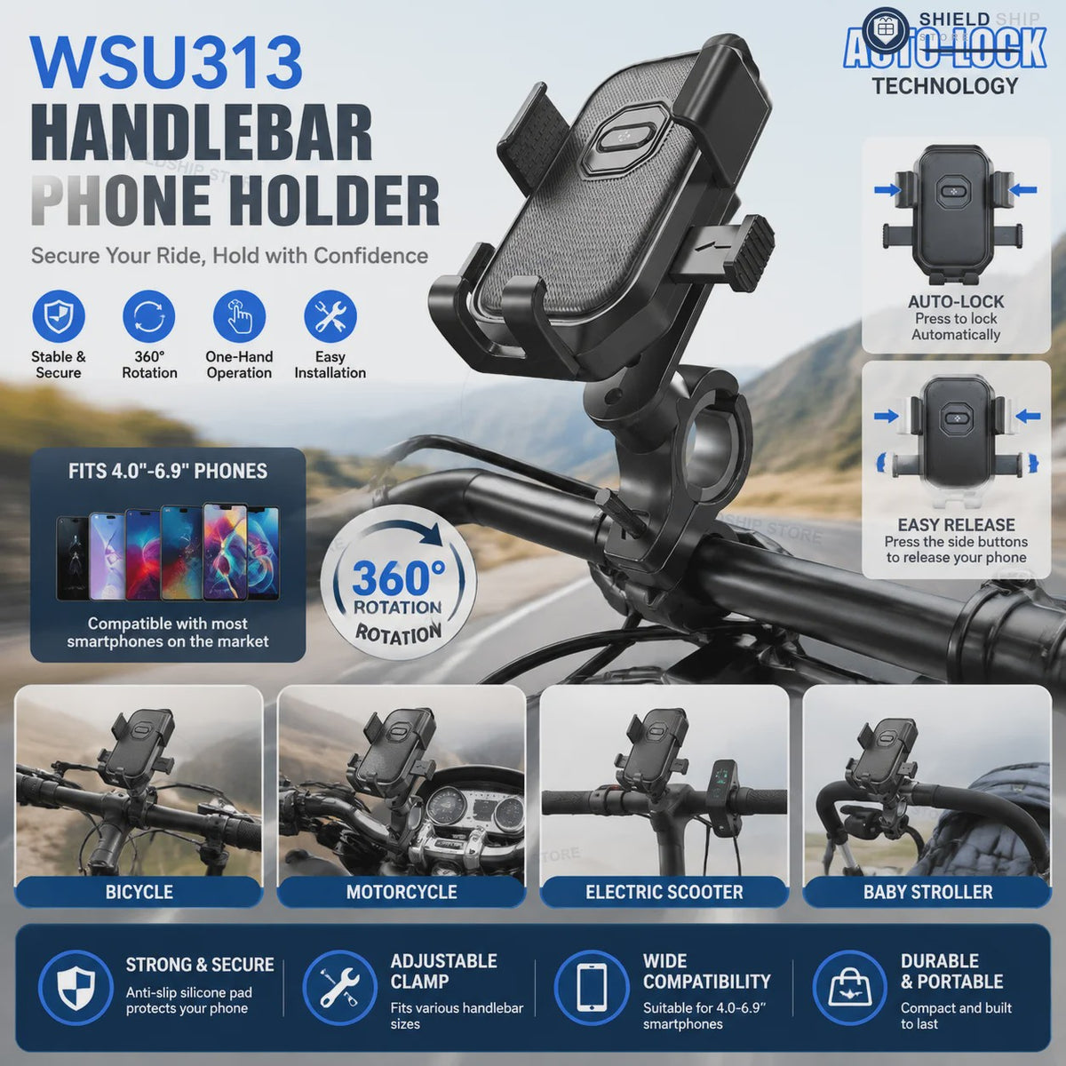 Universele Motor Telefoonhouder met Automatisch Sluitingssysteem - 360° Verstelbaar voor Fiets, Scooter & E-Bike