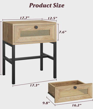 Nachtkastje Rotan Hout met Lade - Boho Bijzettafel met Metalen Frame