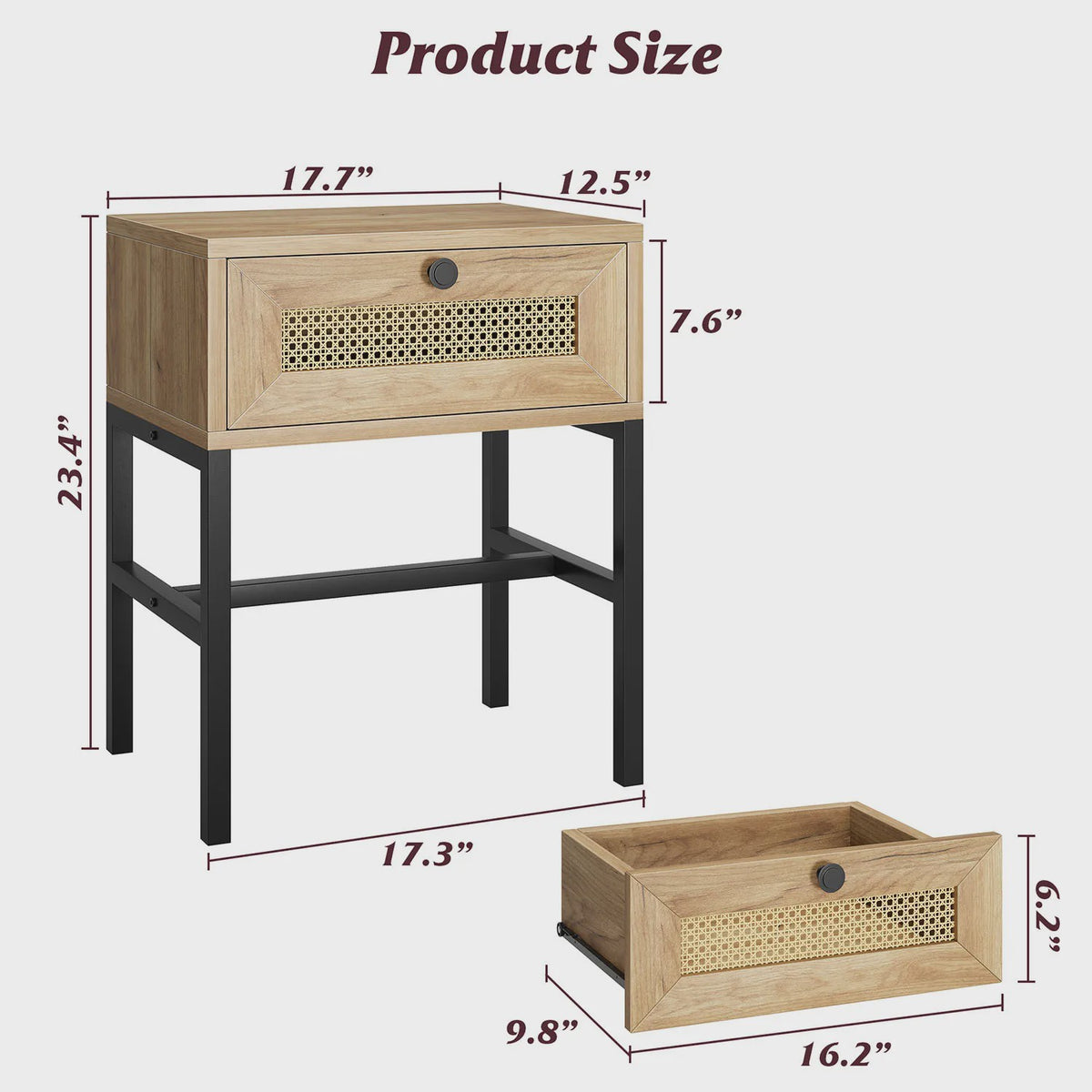 Nachtkastje Rotan Hout met Lade - Boho Bijzettafel met Metalen Frame