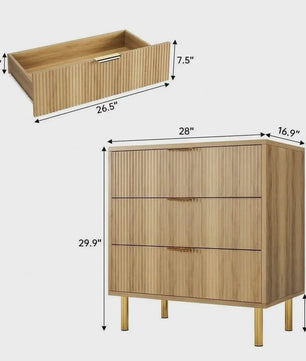 Houten Ladekast met 3 Lades, Modern Dressoir met Gouden Handgrepen en Metalen Poten