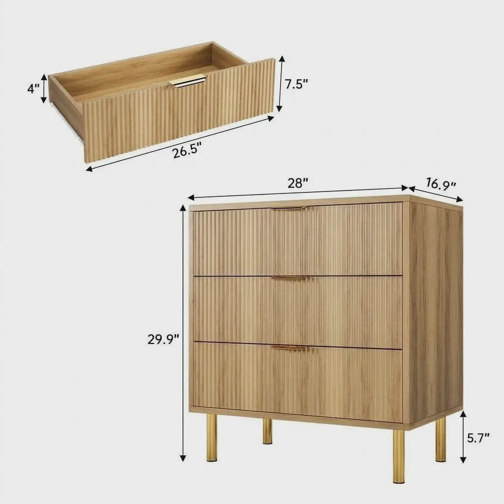 Houten Ladekast met 3 Lades, Modern Dressoir met Gouden Handgrepen en Metalen Poten