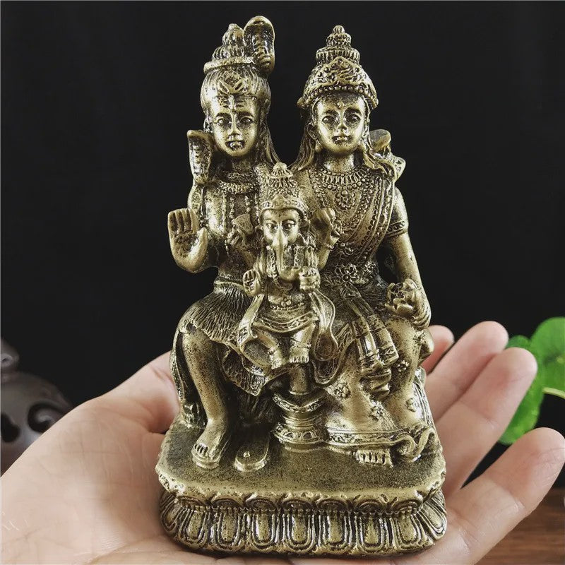 Bronzen Beeld Shiva, Parvati en Ganesha - Hindoeïstische Familie Feng Shui Decoratie