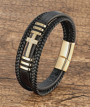 Leren Kruis Armband met Zirkonia - Stijlvol voor Hem en Haar